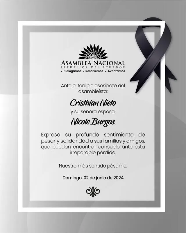  Asamblea Nacional de Ecuador dio sus condolencias. Foto: X   