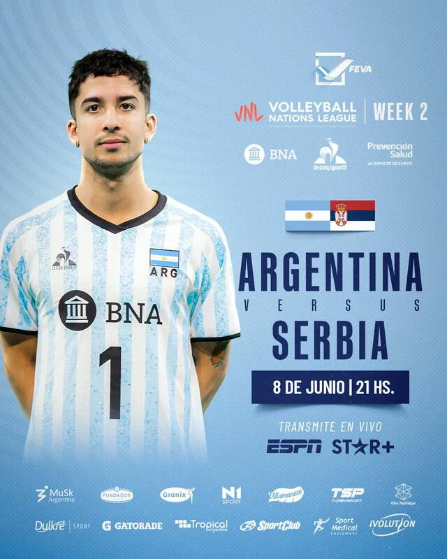 Argentina y Serbia jugarán desde las 9.00 p. m. y el partido irá por ESPN 2 y Star Plus. Foto: FEVA   