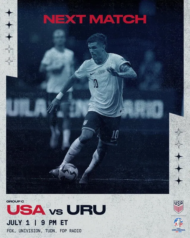  Estados Unidos se medirá ante Uruguay el lunes 1 de julio para buscar su pase a cuartos de final. Foto: USMNT/X 