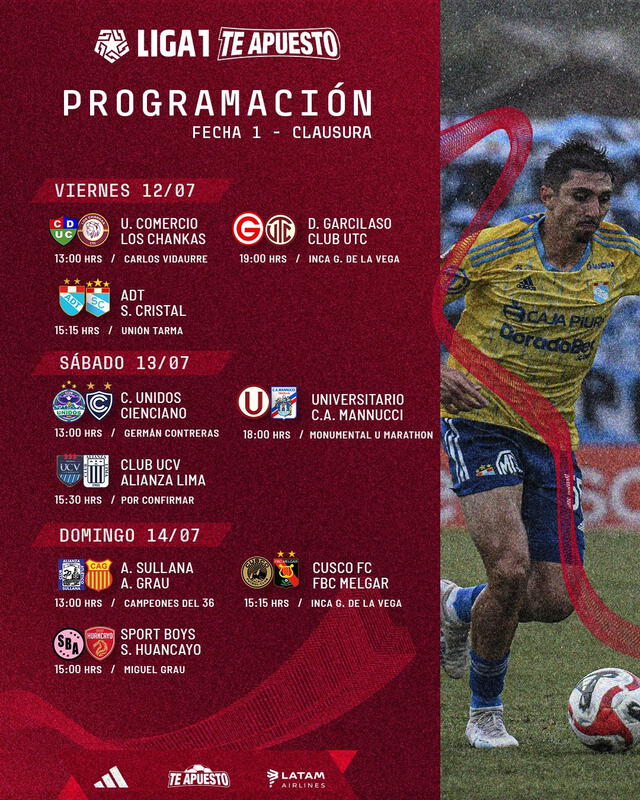  La programación de la fecha 1 para el inicio del Torneo Clausura. Foto: Liga 1 Te Apuesto   