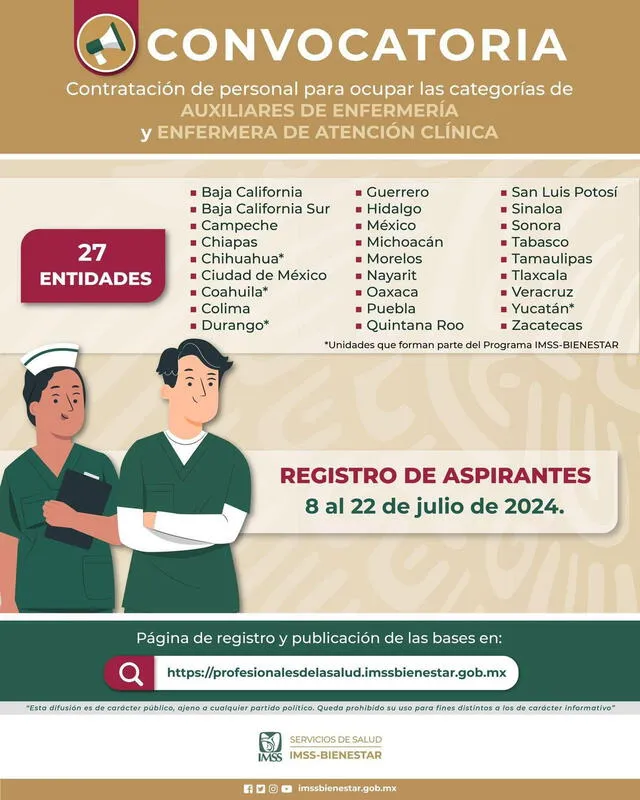 La convocatoria del IMSS incluye a 27 entidades. Foto: IMSS   