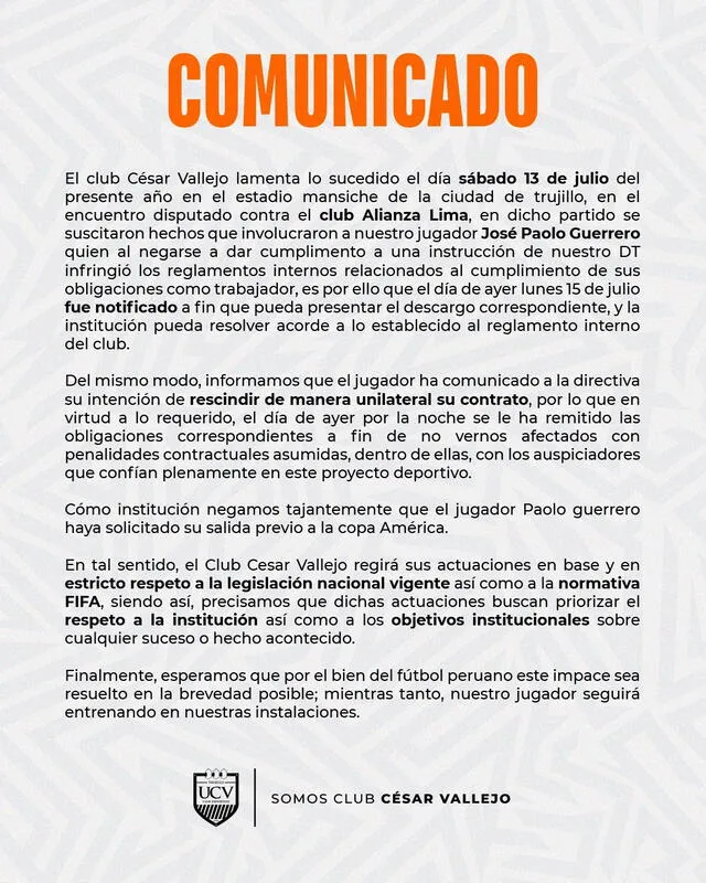 Comunicado del Club César Vallejo sobre Paolo Guerrero. Foto: UCV   