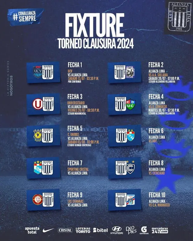  Fixture de Alianza Lima para el Torneo Clausura 2024. Foto: Alianza Lima 