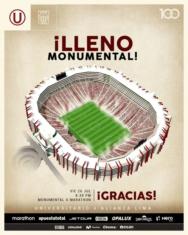  El estadio estará completamente lleno según anunciaron en sus redes sociales. Foto: Universitario   