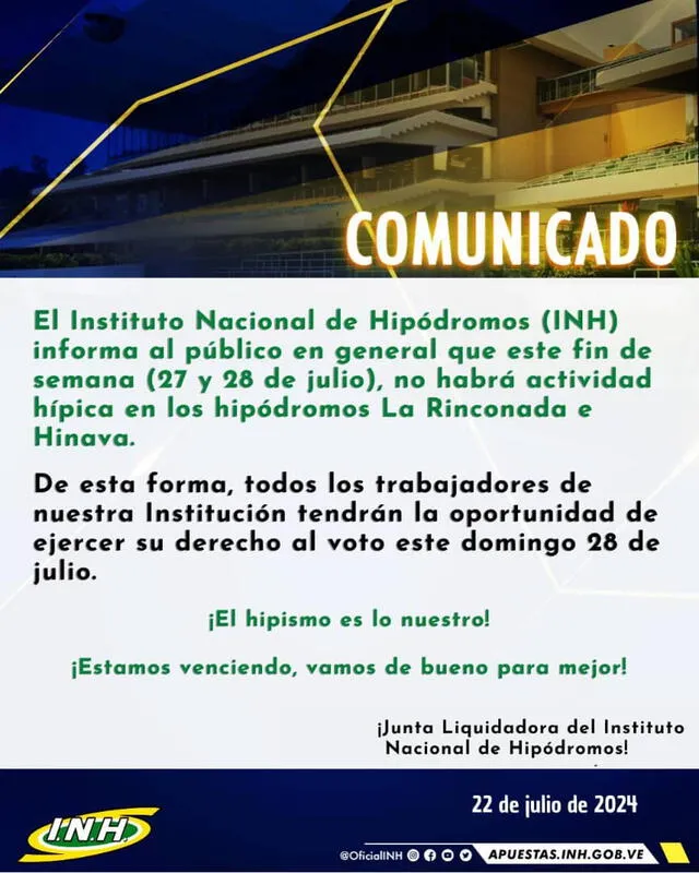 Comunicado del INH sobre la suspensión de la actividad del fin de semana. Foto: INH   