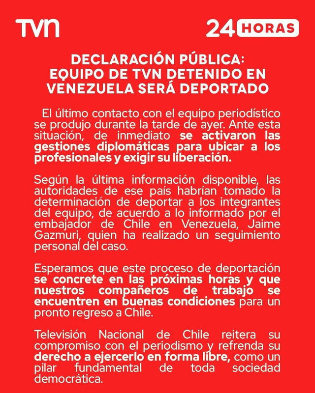 Declaración pública de TVN sobre lo acontecido con sus periodistas. Foto: Televisión Nacional de Chile 