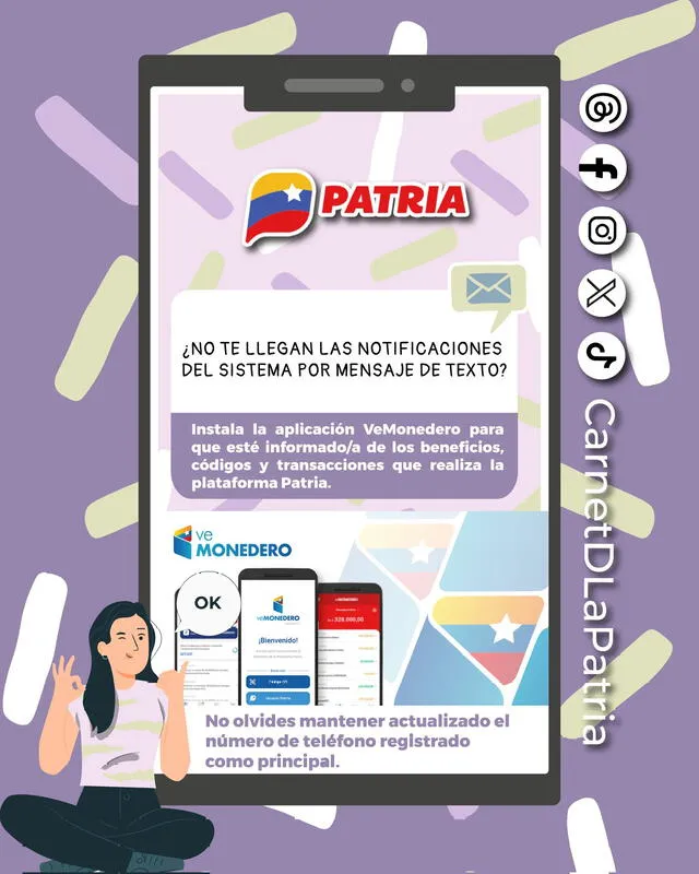 El Sistema Patria recuerda que las notificaciones del sistema llegan a través de VeMonedero y SMS. Foto: Patria   