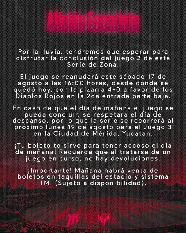 Comunicado de Diablos sobre la reanudación del juego de hoy. Foto: Diablos   