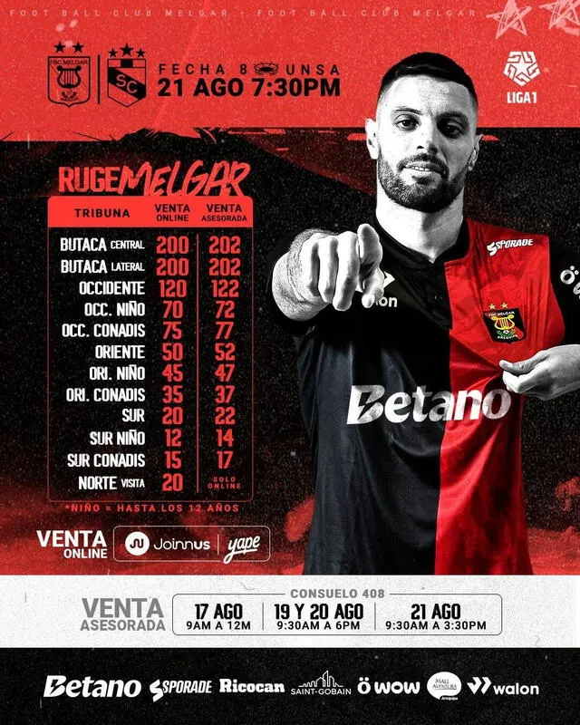 Precios de las entradas para el partido ante Melgar. Foto: FBC Melgar   