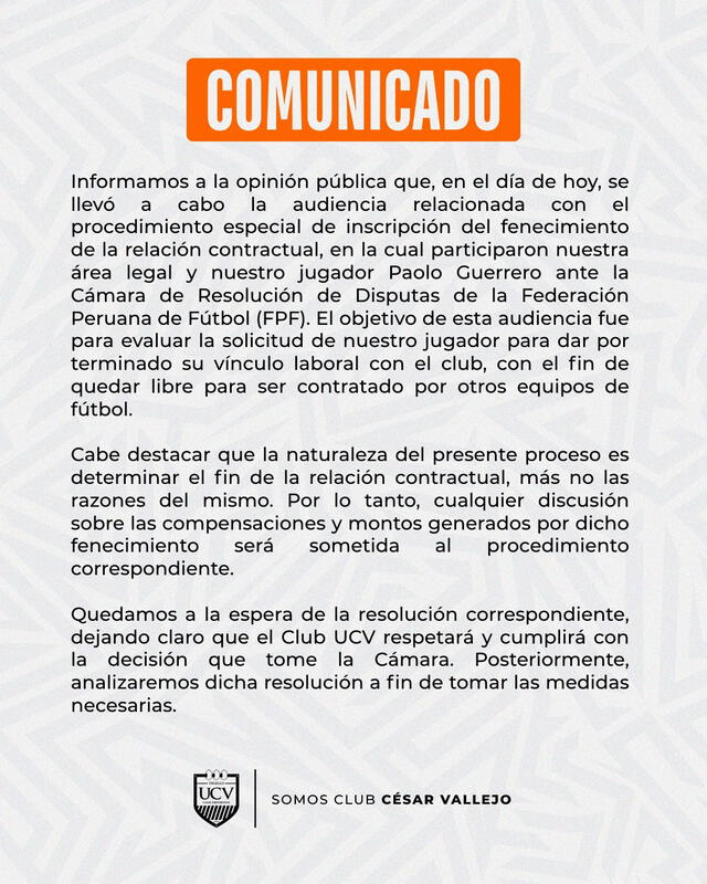 Comunicado de César Vallejo tras reunión por el caso de Paolo Guerrero. Foto: UCV - Club Deportivo    