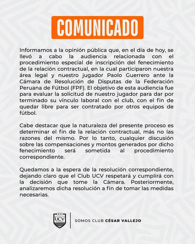 Comunicado de César Vallejo sobre el caso de Paolo Guerrero. Foto: UCV - Club Deportivo   