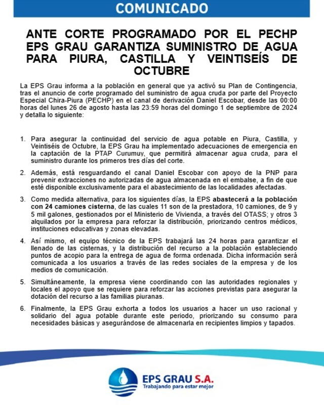  Entidad informa sobre el corte del servicio. Foto: EPS Grau    