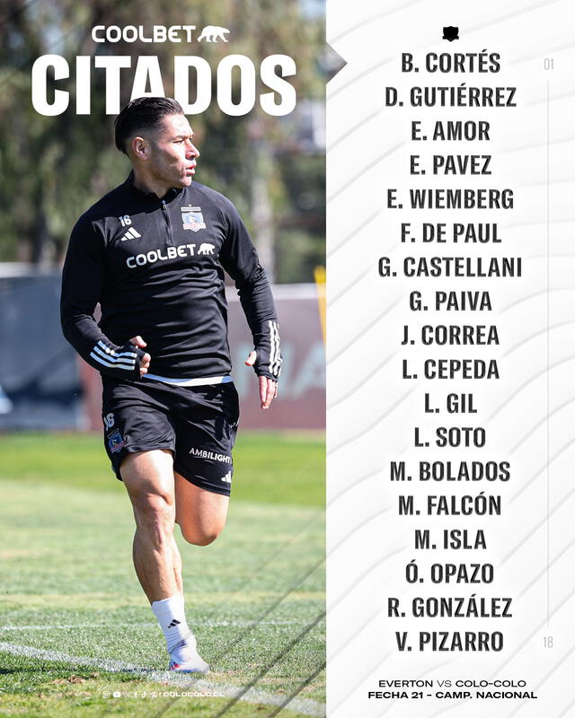 Lista de convocados del Cacique para el partido ante Everton. Foto: Colo Colo   