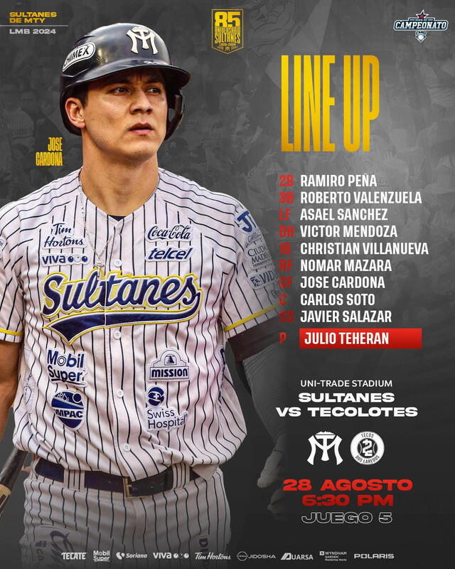 Orden al bate confirmado de Sultanes. Foto: Sultanes   