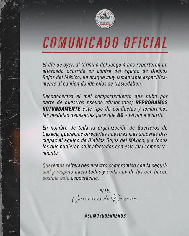 Comunicado de los Guerreros. Foto: Guerreros 