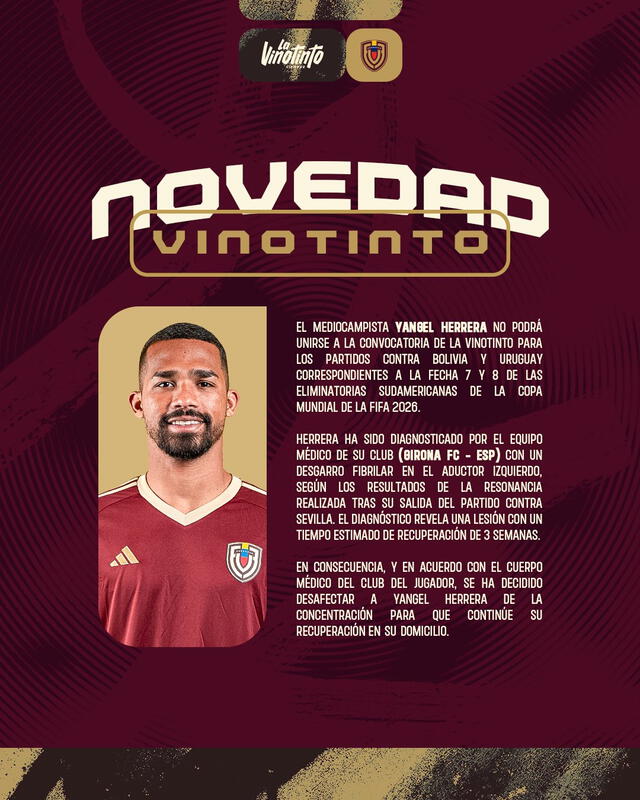 La Vinotinto dio a conocer que Yangel Herrera quedó fuera de la convocatoria en un comunicado. Foto: la Vinotinto   