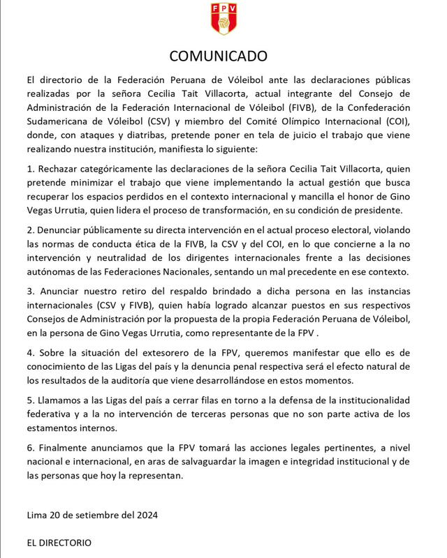 Comunicado de la FPV. Foto: FPV - Federación Peruana de Voleibol   