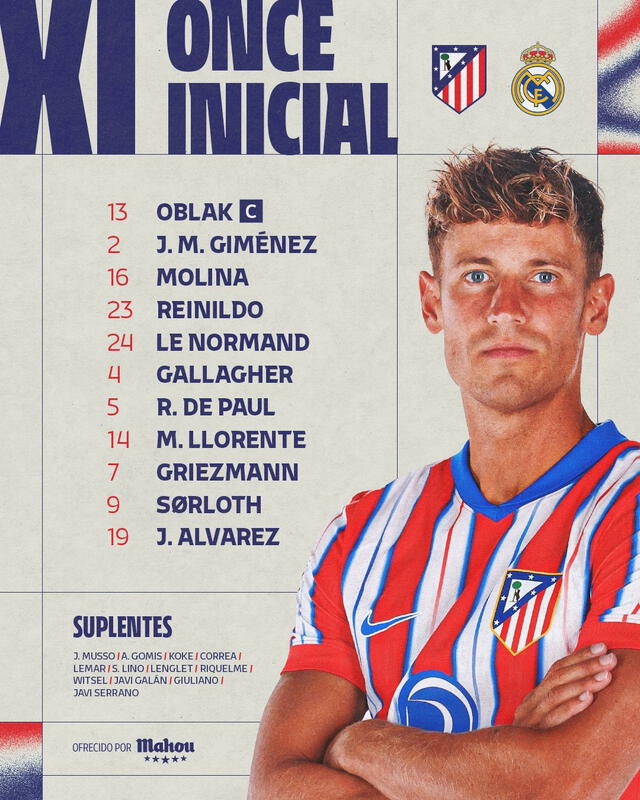  Alineación confirmada. Foto: Atlético Madrid   