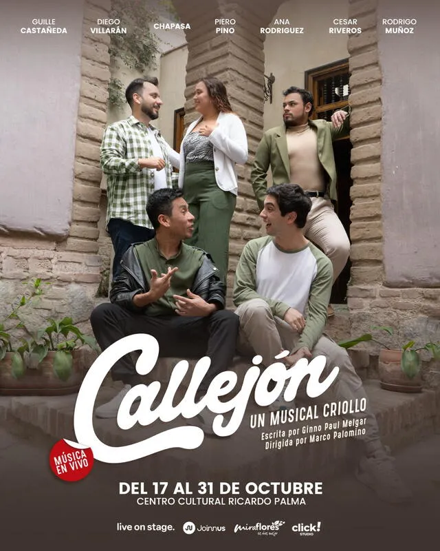 ‘Callejón, el musical criollo’ cuenta con las actuaciones de 'Chapasa', Guille Castañeda, Piero Pino, Ana Rodríguez y Diego Villarán. Foto: difusión   