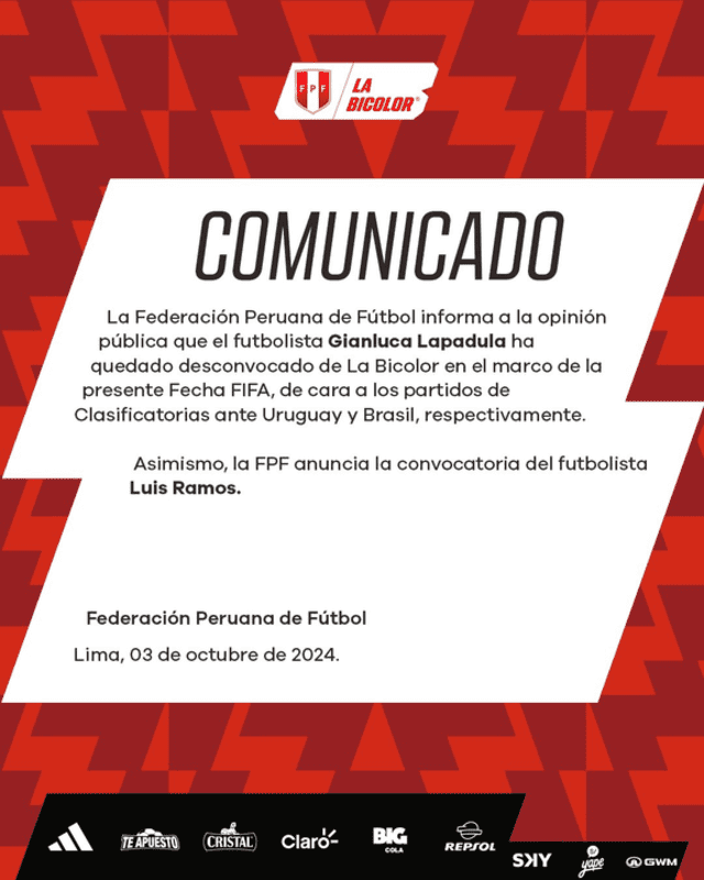  La cuenta oficial de la Bicolor se pronunció vía redes sociales sobre convocatoria de Luis Ramos. Foto: FPF  