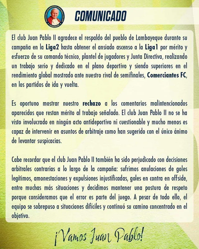 Comunicado de Juan Pablo II tras acusaciones. Foto: Juan Pablo II   