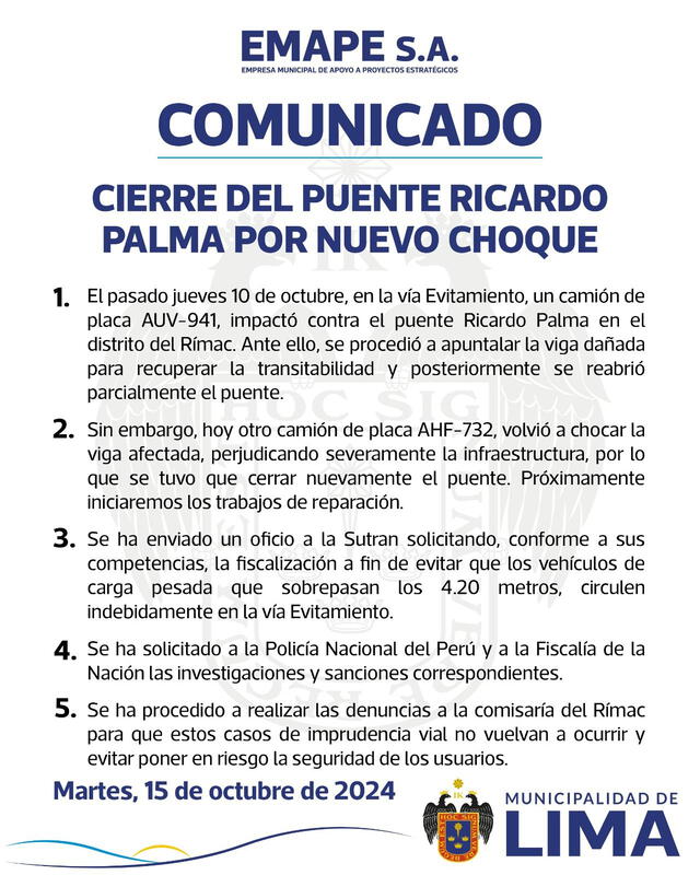 Anuncian cierre indefinido del puente vehicular Ricardo Palma. Foto: EMAPE   