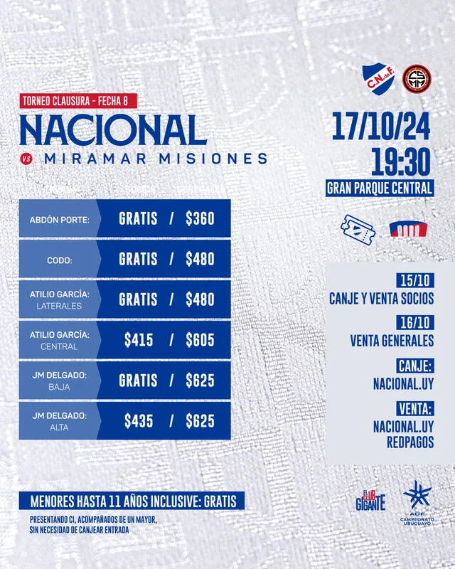 Precios de las entradas para el partido ante Miramar Misiones. Foto: Nacional   