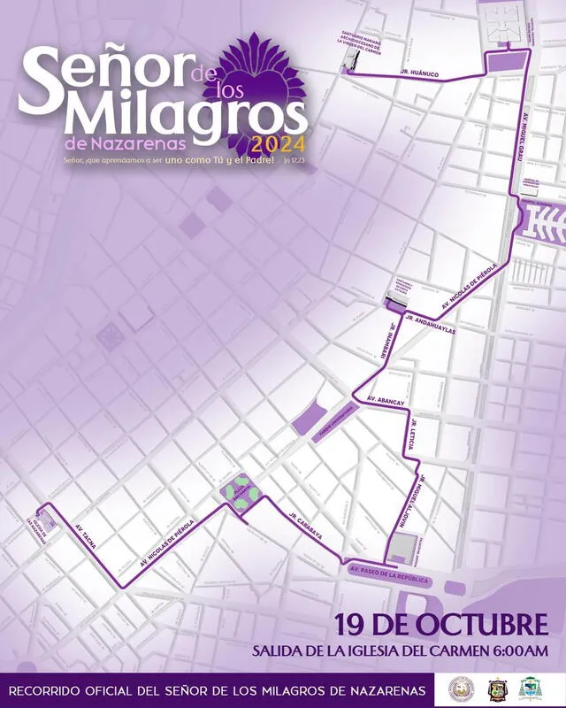 Así será el recorrido del Señor de los Milagros para este sábado 19 de octubre en Lima. Foto: HNSMN   