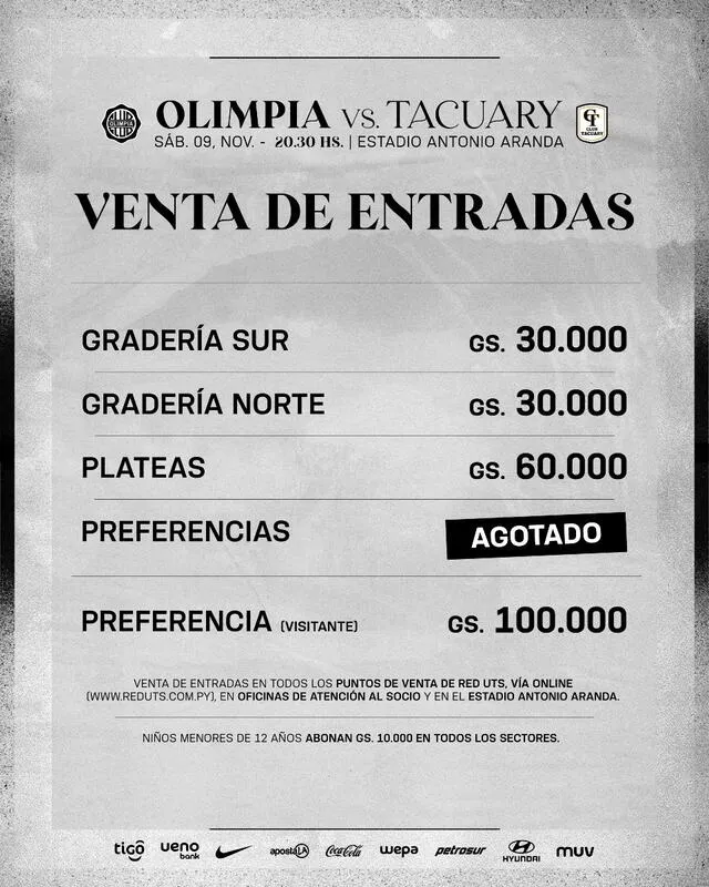 Precios de las entradas para el partido ante Tacuary. Foto: Club Olimpia   