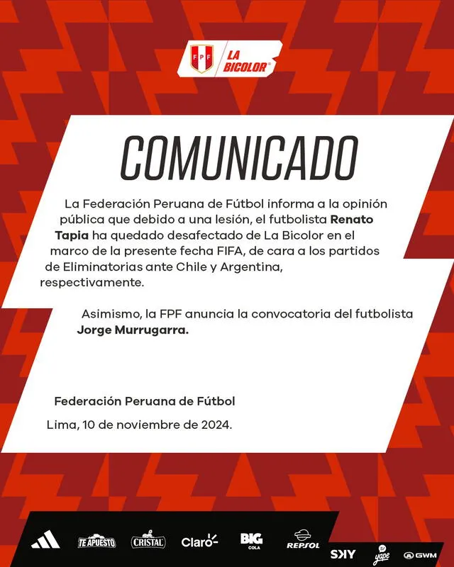 Comunicado de la selección peruana sobre Renato Tapia. Foto: FPF   