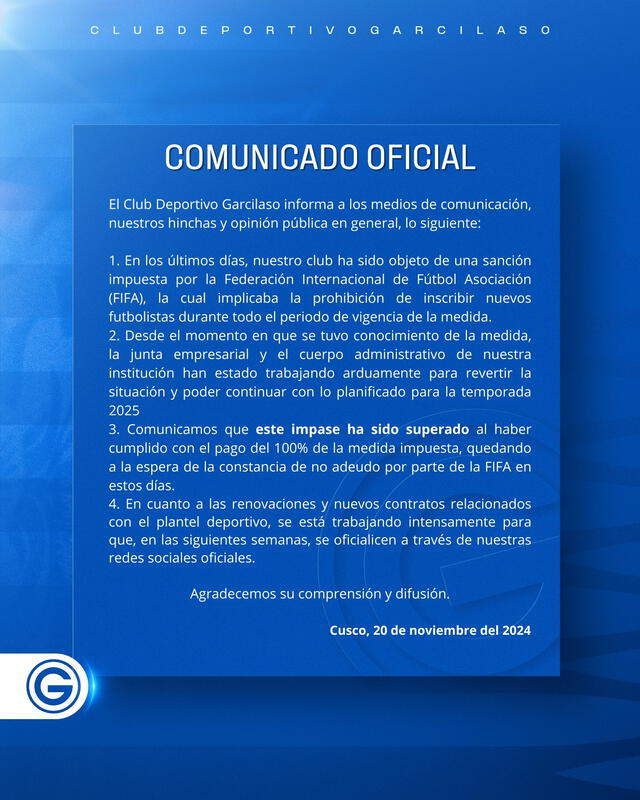  Comunicado de Deportivo Garcilaso por su castigo por parte de FIFA. Foto: Deportivo Garcilaso/X   