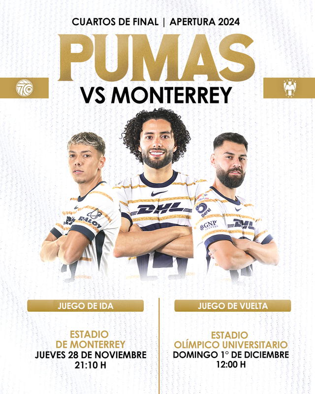  Pumas UNAM jugará la vuelta ante Monterrey el domingo 1 de diciembre. Foto: Pumas UNAM/X   