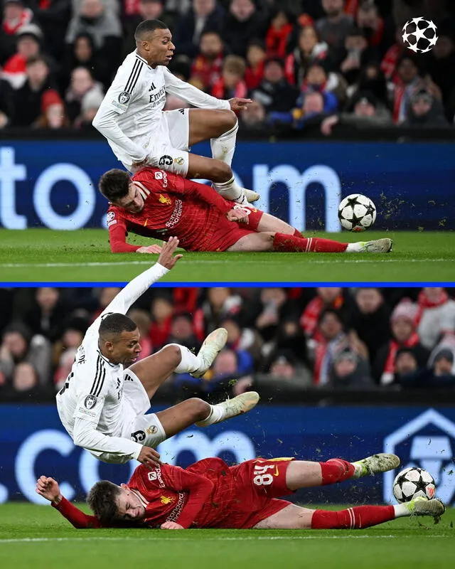  Conor Bradley 'borró' a Kylian Mbappé en la victoria del Liverpool. Foto: UEFA Champions League   