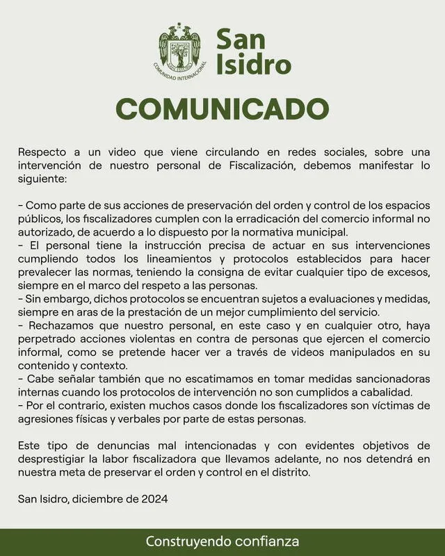 Comunicado de la municipalidad de San Isidro. Foto: Municipalidad de San Isidro 