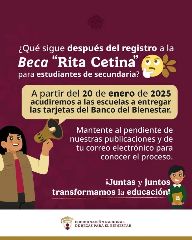 La Coordinación Nacional de Becas para el Bienestar anunció la fecha de inicio de entrega de tarjetas para la Beca Rita Cetina. Foto: CNBB   