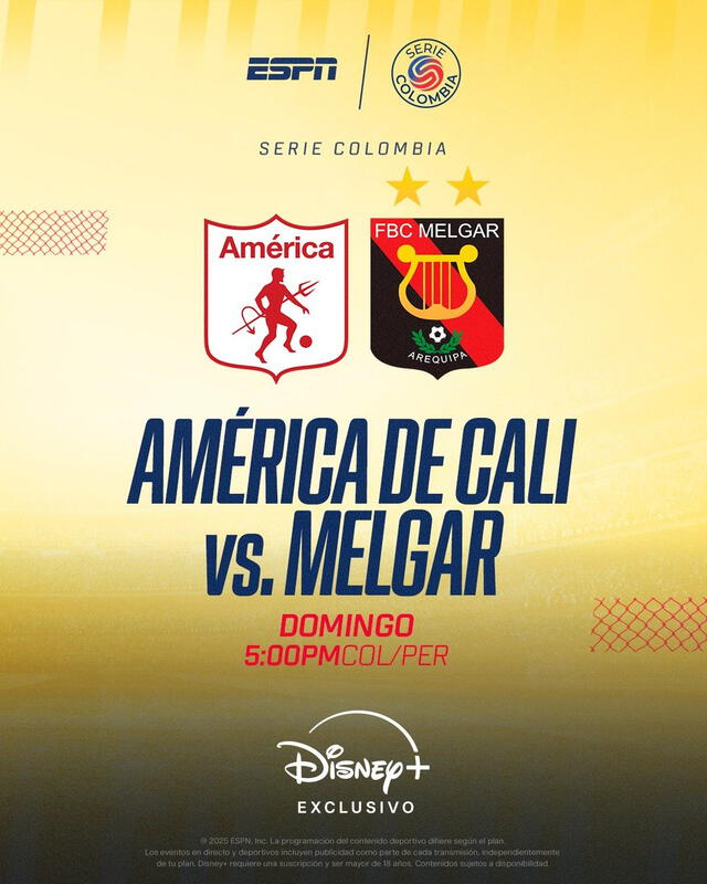  Banner oficial del partido entre Melgar y América de Cali. Foto: ESPN   