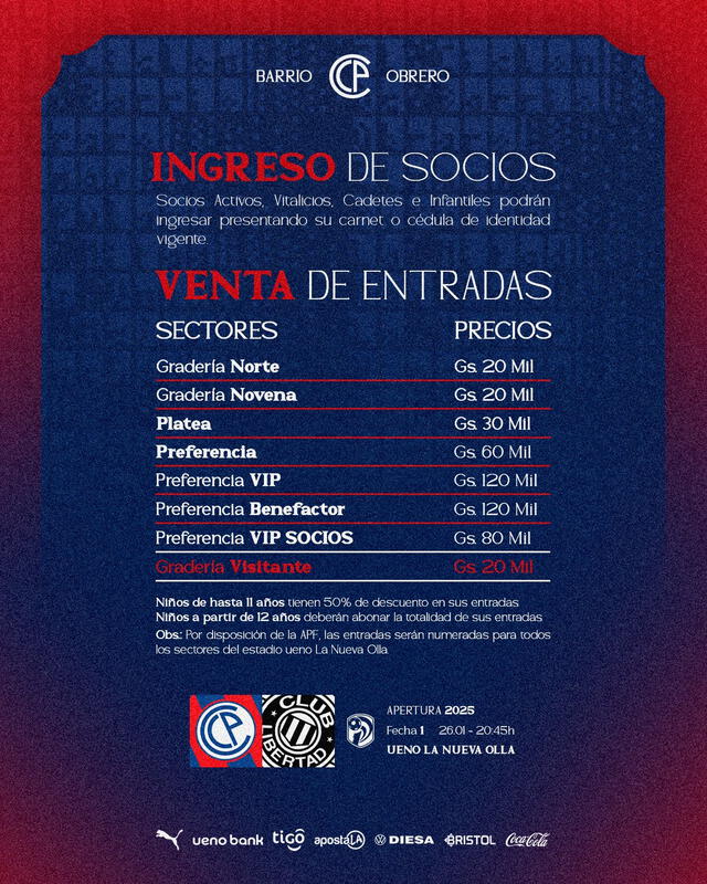 Precios de las entradas para el partido ante Libertad. Foto: Cerro Porteño   