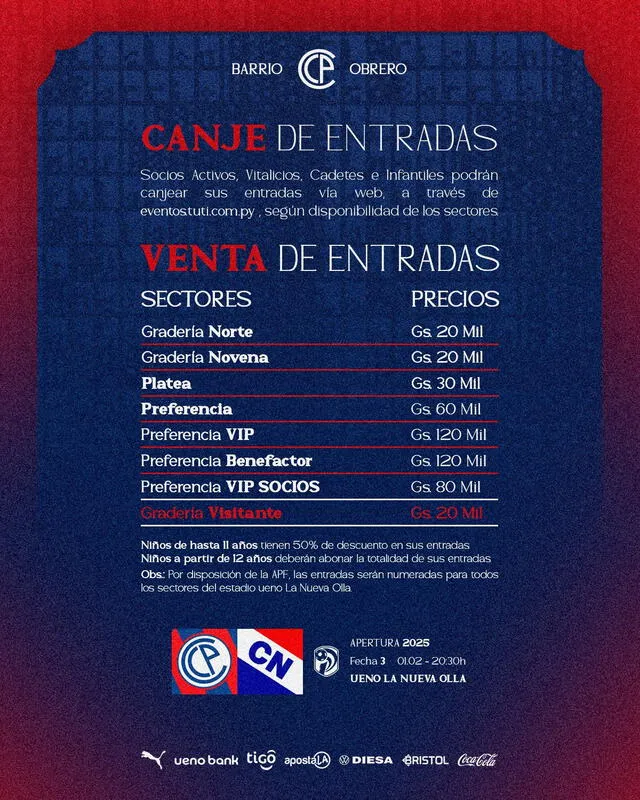 Precios de las entradas para el partido ante Nacional. Foto: Cerro Porteño 