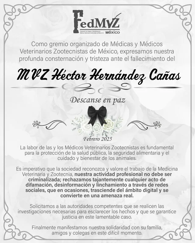  La FedMVZ piden justicia por Héctor Hernández Cañas, asesinado en México, Tultepec. Foto: FedMVZ/X