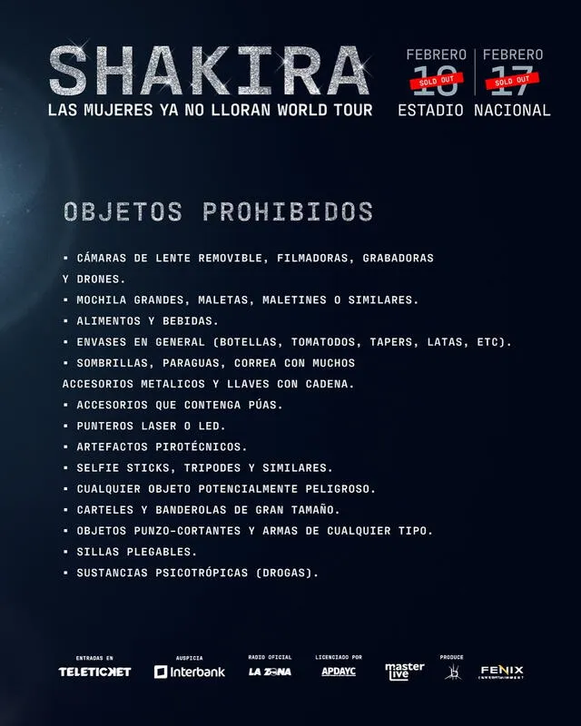  Objetos prohibidos para el concierto de Shakira. Foto: Facebook 