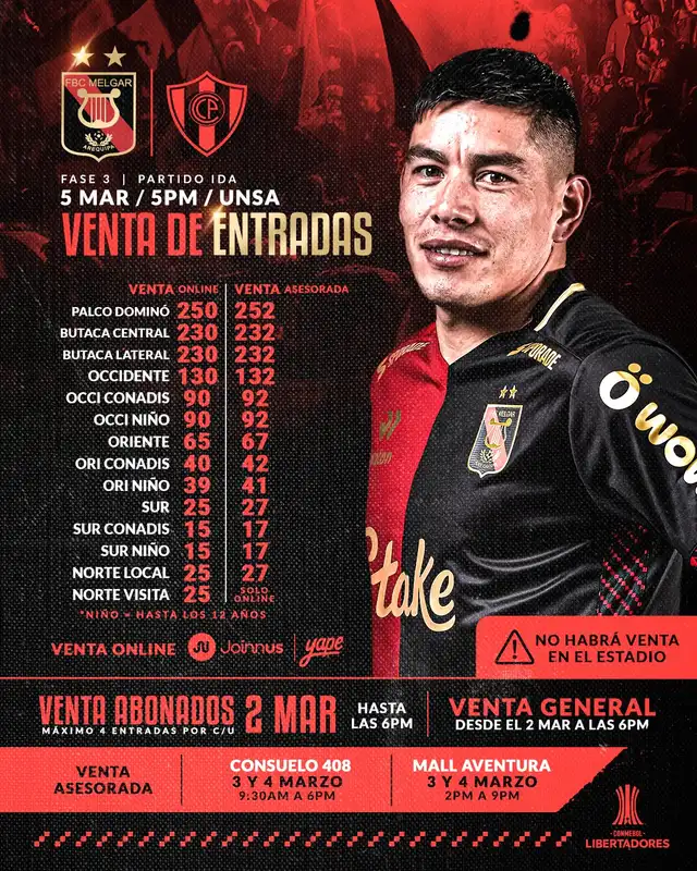 Precios de las entradas para el Melgar vs Cerro Porteño. Foto: Melgar 