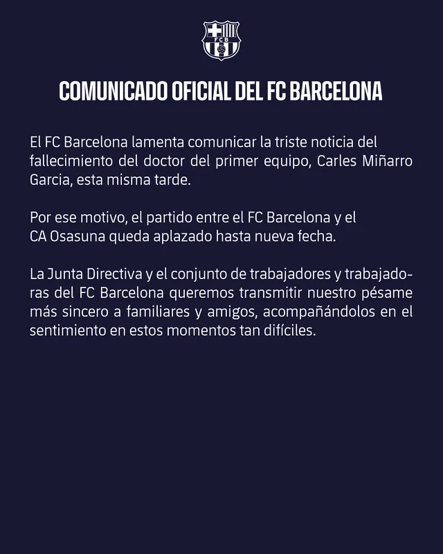 Comunicado del Barcelona anunciando suspensión del partido. Foto: FC Barcelona   