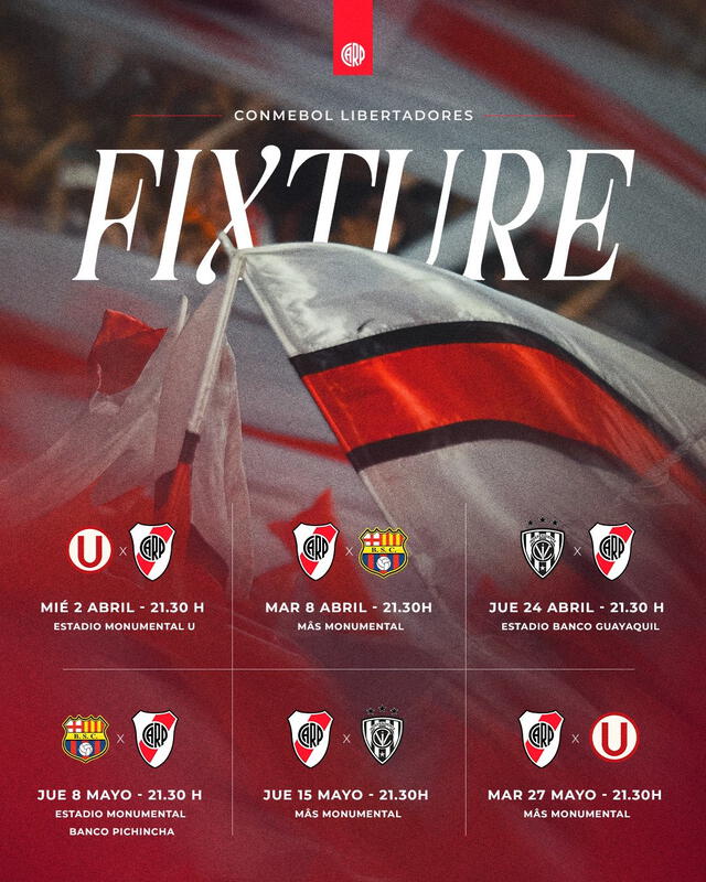 Calendario de partidos de la Copa Libertadores de River Plate. Foto: River Plate Calendario de partidos de la Copa Libertadores de River Plate. Foto: River Plate