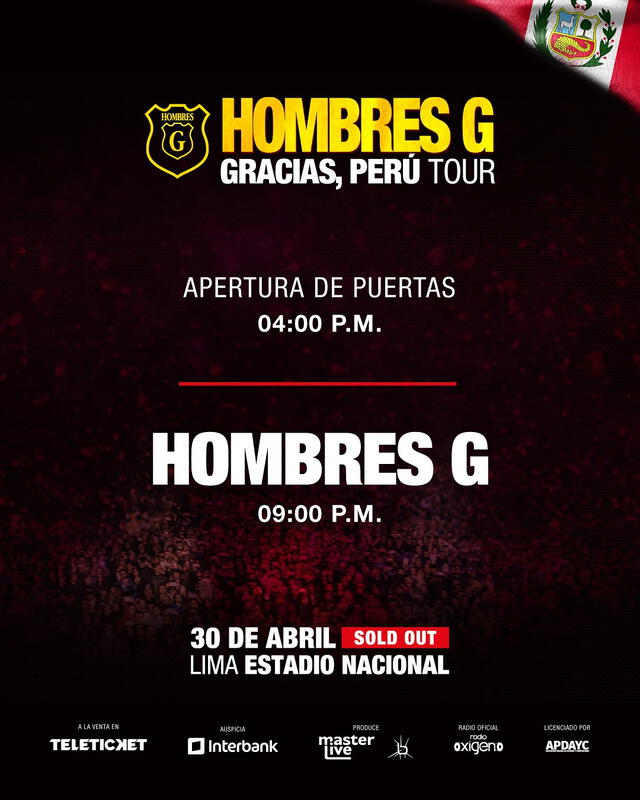  Horario para el concierto de Hombres G. Foto: Teleticket    