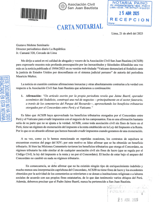 Primera página de la carta notarial enviada por la Asociación Civil San Juan Bautista. Foto: San Juan Bautista Primera página de la carta notarial enviada por la Asociación Civil San Juan Bautista. Foto: San Juan Bautista