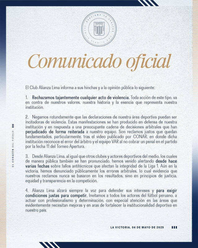 Respuesta del club íntimo al comunicado de la Conar. Foto: Alianza Lima   