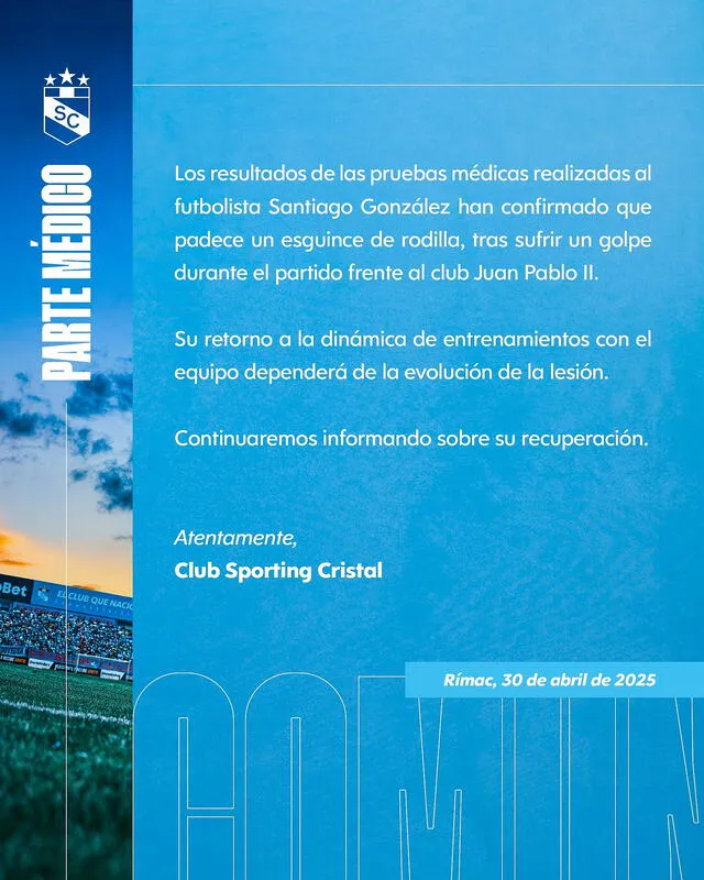 Sporting Cristal confirmó la lesión de Santiago González. Foto: Sporting Cristal Sporting Cristal confirmó la lesión de Santiago González. Foto: Sporting Cristal