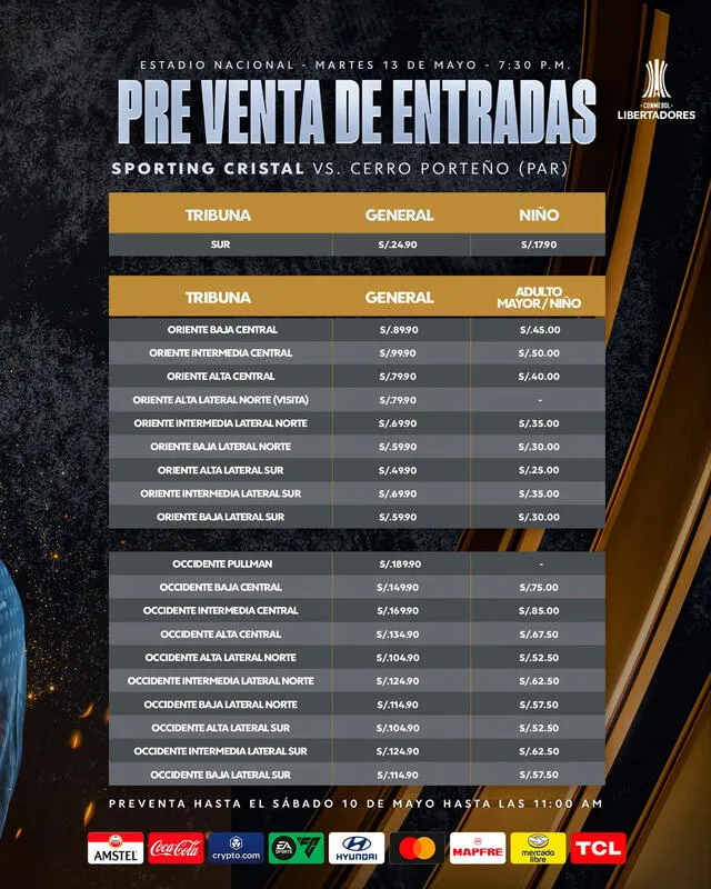 Precios de las entradas para el duelo ante Cerro Porteño. Foto: Sporting Cristal Precios de las entradas para el duelo ante Cerro Porteño. Foto: Sporting Cristal