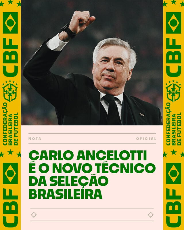 Anuncio de Carlo Ancelotti como nuevo entrenador de Brasil. Foto: CBF Anuncio de Carlo Ancelotti como nuevo entrenador de Brasil. Foto: CBF