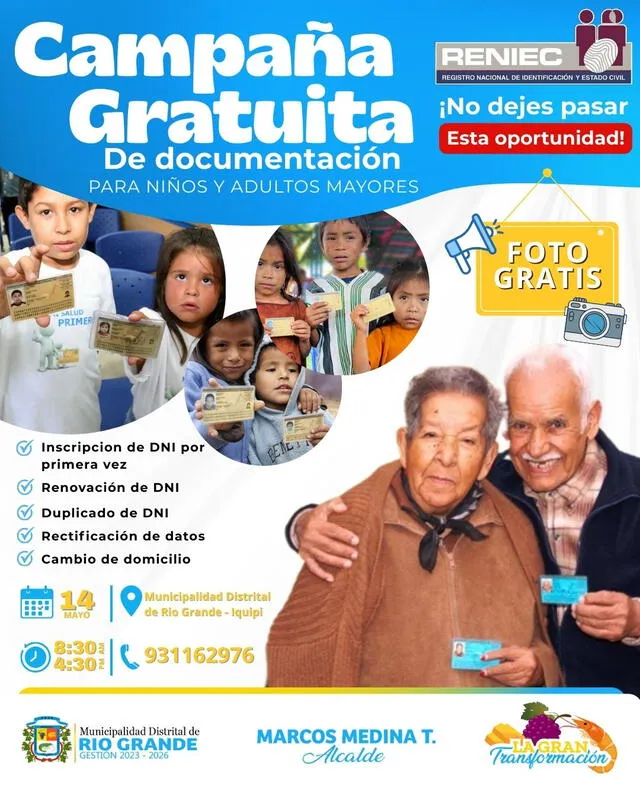 Campaña DNI gratis Municipalidad Distrital de Río Grande en Arequipa. Campaña DNI gratis Municipalidad Distrital de Río Grande en Arequipa.